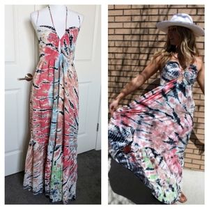 Young Fabulous & Broke Maxi Sun Dress Tie Halter Strawberry Tropic Tie Dye